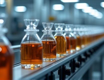 Image representing perfume bottles on a production line